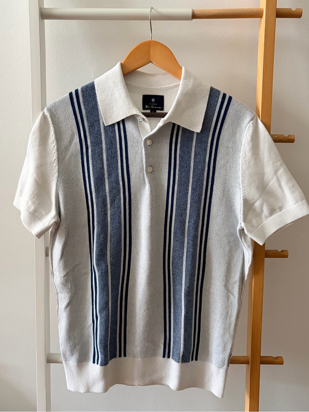 Men’s Ben Sherman White Polo with Navy Vertical Stripes